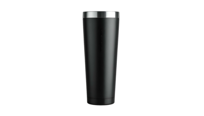 Sleek, black, tall insulated beverage container with a silver trim around its opening and a black base, isolated against a solid black background
