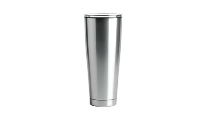 Sleek, cylindrical metal tumbler on a black background, with a silver, tapered design and a lid. Highly reflective surfaces