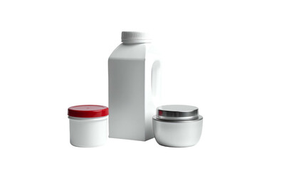 Three clean, white containers on a black background. One is a bottle with a handle, two are cosmetic jars