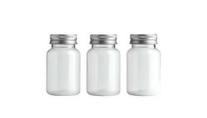 Three small, clear glass jars with silver lids arranged symmetrically against a solid black background. Their shape is cylindrical