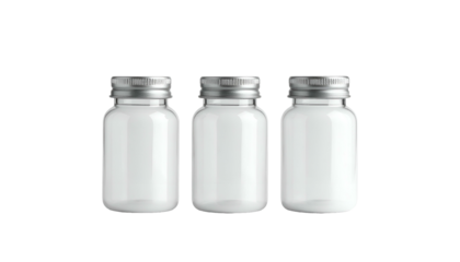 Three small, clear glass jars with silver lids arranged symmetrically against a solid black background. Their shape is cylindrical