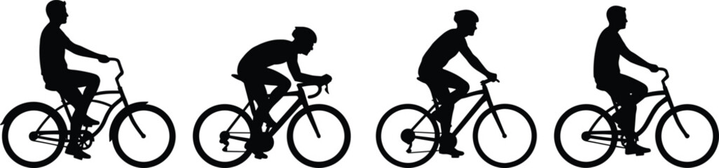 Obraz premium Collection of Cyclist Silhouettes Riding Various Bicycles Including Road Bikes and Commuter Bikes for Urban Transportation Fitness and Outdoor Recreation
