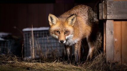 coop. Fox approaching a chicken coop in moonlight, ears perked alertly. wildlife magazines, conservation campaigns, designed for eco-tourism storytelling and wildlife conservation campaigns.
