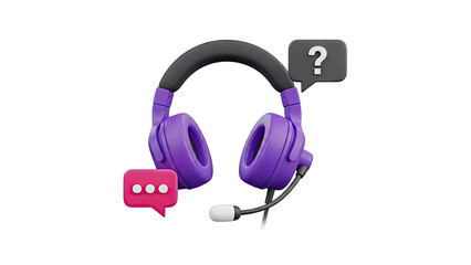 3D Illustration of Purple Headphones with Chat and Question Icons