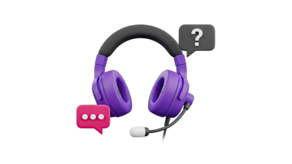 3D Illustration of Purple Headphones with Chat and Question Icons