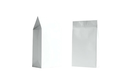 Two white paper bags, one folded at the top, the other sealed straight. Perfect for product presentation. Studio lit