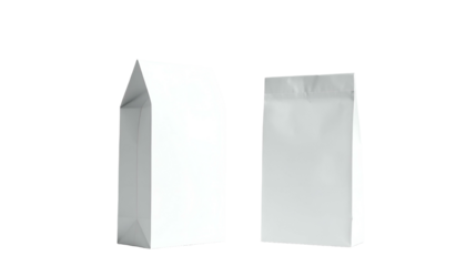 Two white paper bags, one folded at the top, the other sealed straight. Perfect for product presentation. Studio lit