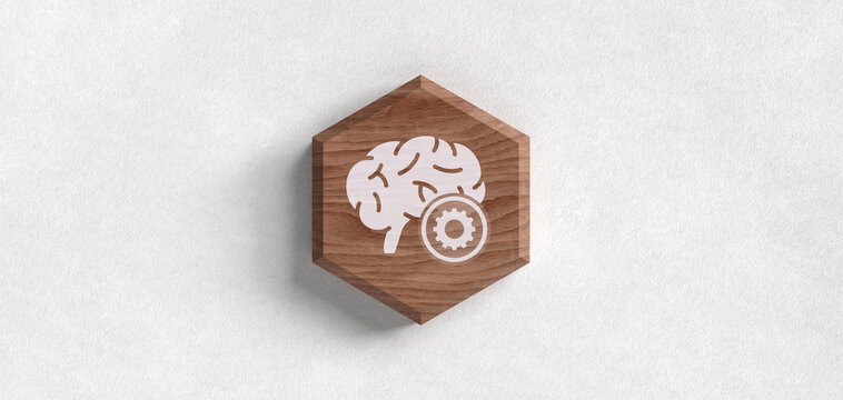 Einstellungen K&uuml;nstliche Intelligenz Gehirn Header Icon Holzoptik Grafik Symbol f&uuml;r Psychologie Neurologie und Wissen