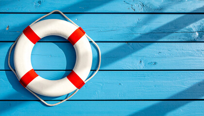 White lifebuoy with red stripes resting on blue wooden pier boards, sunlight casting strong diagonal shadows, summer safety concept, top view, tranquil mood