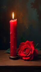 Red Candle and Rose Romantic Still Life
