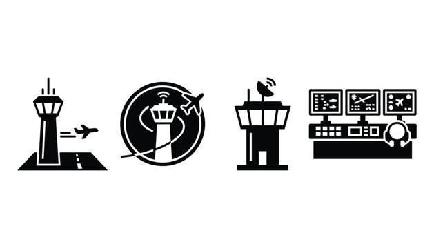Set of airport control tower vector flat icon for business template web and app