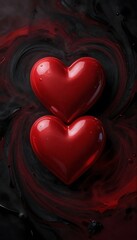 Two Glossy Red Hearts on Dark Abstract Background