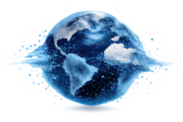 Water planet earth shattering and splashing, liquid globe with continent maps, blue sphere transforming