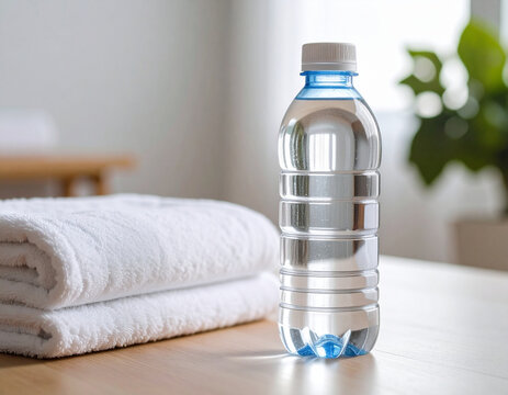 Plastic Water Bottle with Clean White Towel on Wooden Table for Fitness and Health Concept