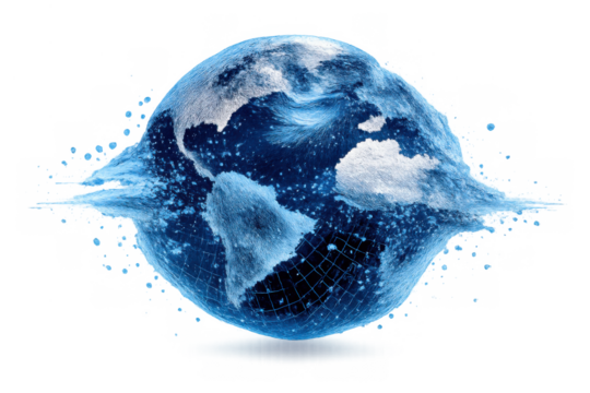 Water planet earth shattering and splashing, liquid globe with continent maps, blue sphere transforming - Powered by Adobe
