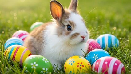 A white and brown rabbit surrounded by colorful Easter eggs in a lush green grassy field