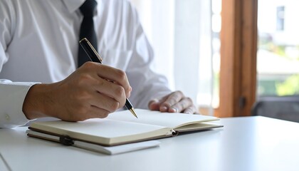 Man in White Shirt and Tie Writing in Notebook at Desk.