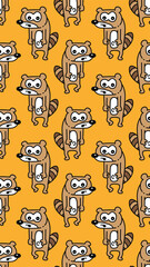 raccoon seamless pattern tanuki walking cartoon doodle pet vertical wallpaper tile background repeat gift wrapping paper illustration orange