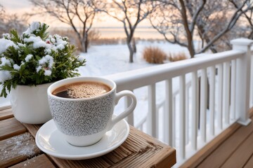 Coffee cup on porch railing, enjoying winter morning