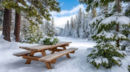 Wooden picnic table covered in snow in winter forest