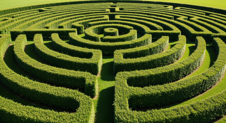 Aerial view captures a circular hedge maze on green grass, inviting exploration of winding paths, and challenging navigation