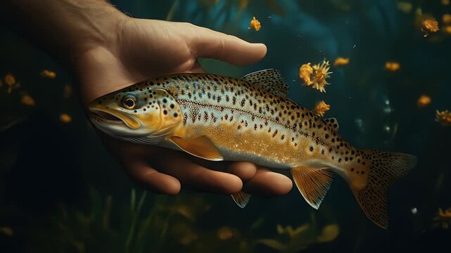 Brown trout held gently in a human hand, underwater view