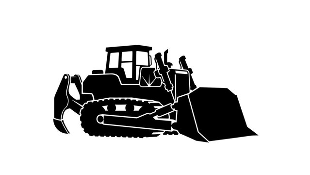 Heavy duty bulldozer silhouette icon. Construction machinery and earthmoving equipment vector illustration. Industrial crawler tractor isolated on white background.