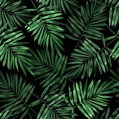Seamless pattern Illustration of hand-drawn watercolor palm leaves in cool teal and turquoise shades on black background