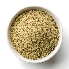 Hemp Seeds Roasted Golden Crunchy Organic Texture on Pure White Background Showcasing Nutty Aroma Wholesome Natural Energy and Earthy Charm in Crisp Minimal Studio Still Life Composition