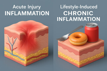Concerned medical comparison illustration of acute injury inflammation versus lifestyle induced chronic inflammation showing clear structural contrast on skin and cell structure from diet