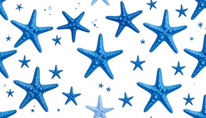 Seamless Pattern of Vibrant Blue Starfish on a White Background.