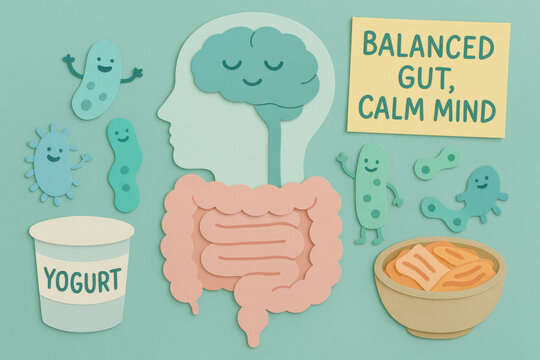 Gut brain communication illustration for health and wellness. calm, balanced mind concept shown with smiling brain, intestine, yogurt, and friendly microbe character