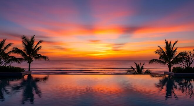 Tropical palm trees silhouette against a vibrant ocean sunset reflected in an infinity pool - Powered by Adobe