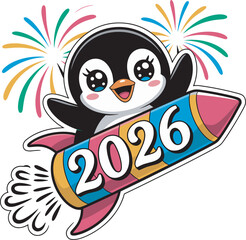 Fototapeta premium Cute cartoon penguin riding 2026 rocket celebrating new year with colorful fireworks