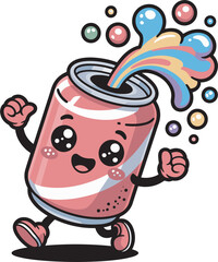 Cute cartoon soda can character with colorful splash and bubbles, kawaii style