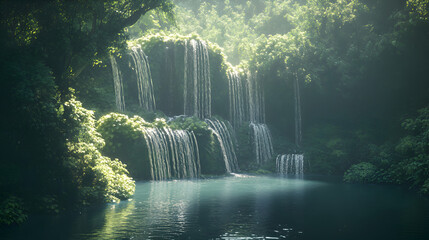 Waterfalls cascading down rocks surrounded by lush green trees in a serene forest with sunlight filtering through the canopy