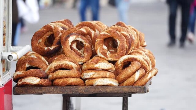 Turkish simit on display at street market in the city