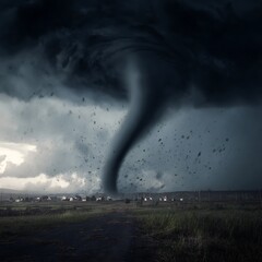 Powerful dark tornado sweeping across village under menacing extreme stormy sky