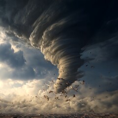 Giant powerful tornado ripping through landscape causing massive destruction storm