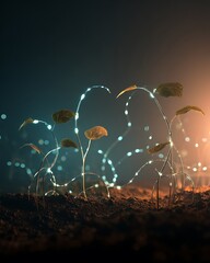 Magical Seedlings Growing in Soil Wrapped in Glowing LED Lights Technology Concept