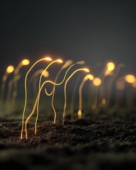 Futuristic Glowing Sprouts Emerging From Dark Earth Connection Concept