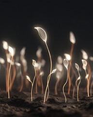 Glowing Abstract Plants Emergence From Dark Soil Digital Art