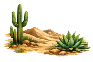 Saguaro cactus and agave plants thriving in a desert landscape illustration with sand dunes, arid environment, and transparent background
