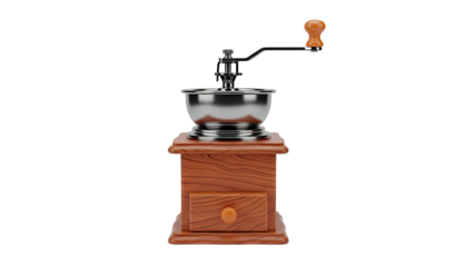 Vintage Coffee Grinder with Wooden Base and Metal Hopper