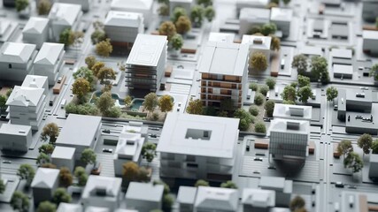 Macro shot interlocking land use program blocks, housing + retail + public amenity symbolic blend, minimal modern, mixed use urban project