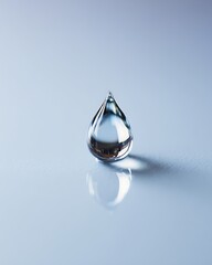 Close up transparent clean liquid droplet on reflective light blue surface