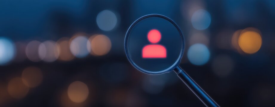 Get to Know Your Customers Day A magnifying glass is searching a glowing red user profile icon over a dark bokeh cityscape at night Customer Centric Mindset
