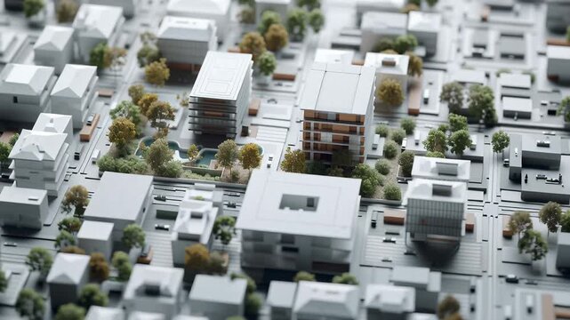 Macro shot interlocking land use program blocks, housing + retail + public amenity symbolic blend, minimal modern, mixed use urban project