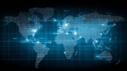 Global business concept with world map background, abstract technology and international commerce illustration, representing connectivity, digital strategy, and worldwide corporate networks