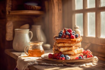 Stack of berry pancakes on rustic wooden table by window